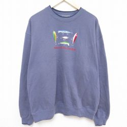 XL★古着 長袖 スウェット メンズ 00年代 00s ルアー 刺繍 クルーネック 薄紺 ネイビー 24jan26 中古 スエット トレーナー トップス