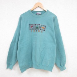【50%OFF】XL★古着 ヘインズ Hanes 長袖 スウェット メンズ 00年代 00s アイダホ シカ 木 クマ 刺繍 クルーネック 青緑 24jan27 中古 スエット トレーナー トップス
