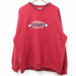 XL★古着 長袖 スウェット メンズ 00年代 00s GRANDPA 刺繍 大きいサイズ クルーネック エンジ 24jan31 中古 スエット トレーナー トップス