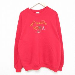 XL★古着 長袖 スウェット メンズ 90年代 90s ローマ 刺繍 ラグラン クルーネック アイルランド製 赤 レッド 24feb06 中古 スエット トレーナー トップス
