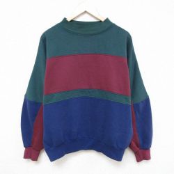 XL★古着 長袖 スウェット メンズ 90年代 90s 無地 マルチカラー ラグラン クルーネック 緑他 グリーン 24apr17 中古 スエット トレーナー トップス