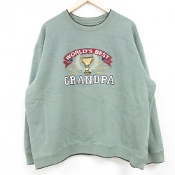XL★古着 長袖 スウェット メンズ GRANDPA トロフィー 刺繍 クルーネック 薄緑 グリーン 24may10 中古 スエット トレーナー トップス
