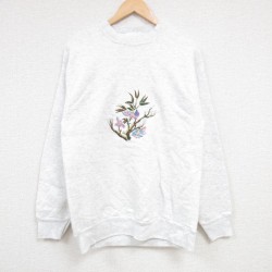 【50%OFF】M★古着 SIGNAL 長袖 スウェット メンズ 00年代 00s 花 刺繍 クルーネック USA製 薄グレー 霜降り 24aug20 中古 スエット トレーナー トップス