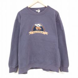 XL★古着 長袖 スウェット メンズ 00年代 00s アラスカ シカ 刺繍 大きいサイズ クルーネック 紺 ネイビー 【spe】 24aug26 中古 スエット トレーナー トップス