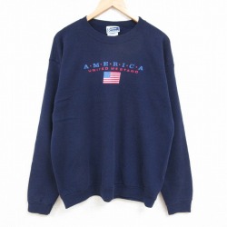 L★古着 長袖 スウェット メンズ 00年代 00s アメリカ 星条旗 クルーネック 紺 ネイビー 24aug29 中古 スエット トレーナー トップス