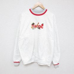 L★古着 長袖 スウェット メンズ 90年代 90s えんぴつ 犬 リンゴ 刺繍 クルーネック USA製 白 ホワイト 霜降り 24sep05 中古 スエット トレーナー トップス
