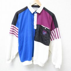 XL★古着 長袖 スウェット メンズ 00年代 00s HUK 胸ポケット付き マルチカラー 襟付き 青他 ブルー 24sep05 中古 スエット トレーナー トップス