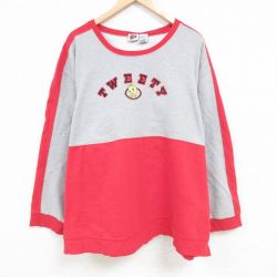 【20%OFF】XL★古着 長袖 スウェット メンズ 00年代 00s ルーニーテューンズ LOONEY TUNES トゥイーティー 刺繍 ツートンカラー 大きいサイズ ラグラン クルーネック グレー他 霜降り 24sep07 中古 スエット トレーナー トップス