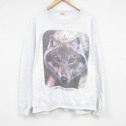 XL★古着 長袖 スウェット メンズ 80年代 80s オオカミ 大きいサイズ クルーネック USA製 薄グレー 霜降り 24sep07 中古 スエット トレーナー トップス