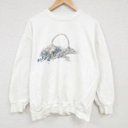 XL★古着 長袖 スウェット メンズ 00年代 00s 花 刺繍 クルーネック 白 ホワイト 24sep11 中古 スエット トレーナー トップス