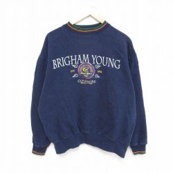 【50%OFF】L★古着 長袖 スウェット メンズ 00年代 00s BRIGHAM YOUNG クルーネック 紺 ネイビー 24sep10 中古 スエット トレーナー トップス