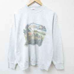 L★古着 フルーツオブザルーム 長袖 スウェット メンズ 00年代 00s 鳥 木 クルーネック 薄グレー 霜降り 24sep10 中古 スエット トレーナー トップス