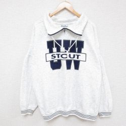 【50%OFF】XL★古着 長袖 ハーフジップ スウェット メンズ ウィスコンシン スタウト フロッキープリント 大きいサイズ 薄グレー 霜降り 24sep13 中古 スエット トレーナー トップス