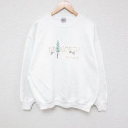 L★古着 長袖 スウェット メンズ 90年代 90s アラスカ 木 刺繍 クルーネック USA製 白 ホワイト 24sep13 中古 スエット トレーナー トップス