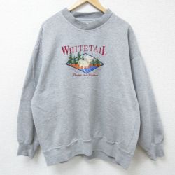 XL★古着 長袖 スウェット メンズ 90年代 90s シカ 刺繍 大きいサイズ クルーネック グレー 霜降り 24sep17 中古 スエット トレーナー トップス