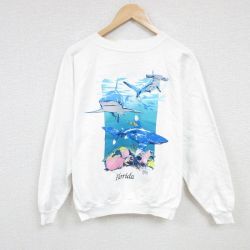 L★古着 長袖 スウェット メンズ 90年代 90s サメ 海 クルーネック USA製 白 ホワイト 24sep24 中古 スエット トレーナー トップス