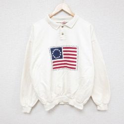 XL★古着 WEK 長袖 スウェット メンズ 90年代 90s 星条旗 コットン 襟付き USA製 生成り 24sep27 中古 スエット トレーナー トップス