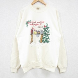 【20%OFF】M★古着 長袖 スウェット メンズ 90年代 90s クリスマス クルーネック USA製 生成り 24sep30 24oct01 中古 スエット トレーナー トップス