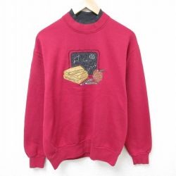 M★古着 長袖 スウェット メンズ 90年代 90s リンゴ 本 刺繍 クルーネック USA製 赤 レッド 24oct08 中古 スエット トレーナー トップス