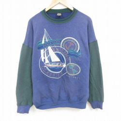 【50%OFF】XL★古着 長袖 スウェット メンズ 00年代 00s 帆船 ツートンカラー 大きいサイズ クルーネック USA製 紺 ネイビー 霜降り 【spe】 24oct10 中古 スエット トレーナー トップス