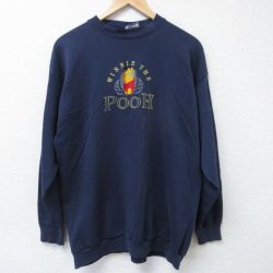 【50%OFF】M★古着 長袖 スウェット メンズ ディズニー DISNEY くまのプーさん 刺繍 クルーネック 紺 ネイビー 24oct24 中古 スエット トレーナー トップス