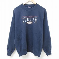 L★古着 ジャンスポーツ 長袖 スウェット メンズ 00年代 00s オーバーン 大学 刺繍 クルーネック USA製 紺 ネイビー 24oct19 中古 スエット トレーナー トップス