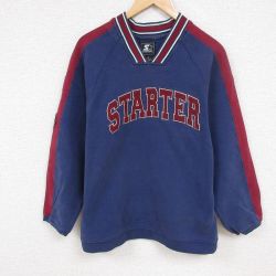 M★古着 スターター STARTER 長袖 スウェット メンズ 00年代 00s ビッグロゴ 刺繍 ツートンカラー ラグラン Vネック USA製 紺他 ネイビー 24oct30 中古 スエット トレーナー トップス