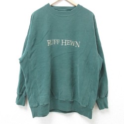 【50%OFF】XL★古着 長袖 スウェット メンズ 90年代 90s RUFF HEWN 刺繍 クルーネック USA製 緑 グリーン 24oct28 中古 スエット トレーナー トップス