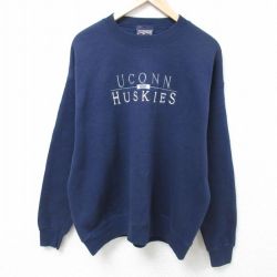 XL★古着 ジャンスポーツ 長袖 スウェット メンズ 90年代 90s UCONN HUSKIES 刺繍 クルーネック USA製 紺 ネイビー 24oct29 中古 スエット トレーナー トップス