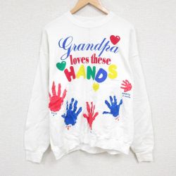 XL★古着 フルーツオブザルーム 長袖 スウェット メンズ 00年代 00s 手 ハンドペイント 大きいサイズ クルーネック 白 ホワイト 24nov01 中古 スエット トレーナー トップス