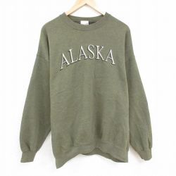 XL★古着 長袖 スウェット メンズ 00年代 00s アラスカ 刺繍 大きいサイズ クルーネック 緑 グリーン 霜降り 24nov01 中古 スエット トレーナー トップス