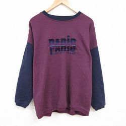 XL★古着 長袖 スウェット メンズ 00年代 00s PARIS 刺繍 ツートンカラー 大きいサイズ クルーネック エンジ他 24nov01 中古 スエット トレーナー トップス