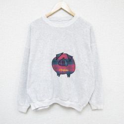 【50%OFF】XL★古着 長袖 スウェット メンズ 00年代 00s ブタ 表起毛 刺繍 大きいサイズ クルーネック グレー 霜降り 24nov02 中古 スエット トレーナー トップス