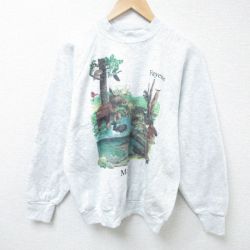 L★古着 フルーツオブザルーム 長袖 スウェット メンズ 90年代 90s シカ 鳥 ラグラン クルーネック USA製 薄グレー 霜降り 24nov09 中古 スエット トレーナー トップス