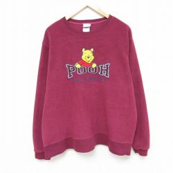 XL★古着 長袖 フリース トップス メンズ 00年代 00s ディズニー DISNEY くまのプーさん 刺繍 ポリエステル クルーネック エンジ 24nov09 中古 スエット トレーナー