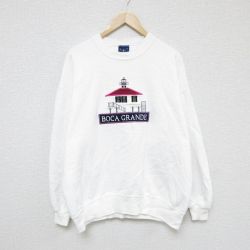 XL★古着 長袖 スウェット メンズ 90年代 90s 家 刺繍 クルーネック USA製 白 ホワイト 24nov09 中古 スエット トレーナー トップス