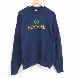 XL★古着 フルーツオブザルーム 長袖 スウェット メンズ 90年代 90s ニューヨーク 刺繍 大きいサイズ クルーネック USA製 紺 ネイビー 24nov14 中古 スエット トレーナー トップス