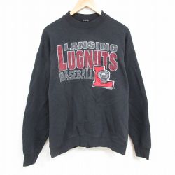 XL★古着 長袖 スウェット メンズ 90年代 90s ランシングラグナッツ ベースボール 大きいサイズ クルーネック 黒 ブラック 24nov14 中古 スエット トレーナー トップス
