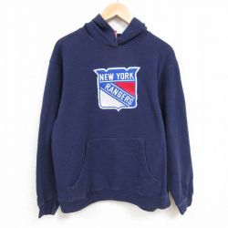 L★古着 リーボック REEBOK 長袖 スウェット パーカー メンズ NHL ニューヨークレンジャーズ 刺繍 紺 ネイビー アイスホッケー 24nov16 中古 スエット トレーナー トップス