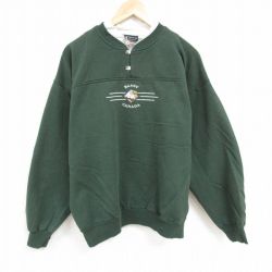 XL★古着 長袖 スウェット メンズ 90年代 90s ワシ カナダ 刺繍 大きいサイズ ヘンリーネック カナダ製 緑 グリーン 24nov16 中古 スエット トレーナー トップス