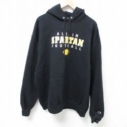 XL★古着 チャンピオン Champion 長袖 スウェット パーカー メンズ スパルタン フットボール 大きいサイズ 黒 ブラック 24nov20 中古 スエット トレーナー トップス