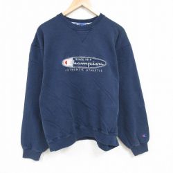 L★古着 チャンピオン Champion 長袖 スウェット メンズ 00年代 00s ビッグロゴ 刺繍 クルーネック 紺 ネイビー 24nov21 中古 スエット トレーナー トップス