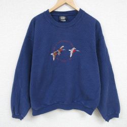 XL★古着 長袖 スウェット メンズ 00年代 00s 鳥 刺繍 コットン クルーネック 紺 ネイビー 24nov22 中古 スエット トレーナー トップス