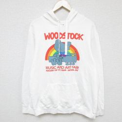 L★古着 長袖 ロック バンド スウェット パーカー メンズ ウッドストック 白 ホワイト 24nov28 中古 スエット トレーナー トップス