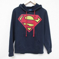 M★古着 長袖 スウェット パーカー メンズ DCコミックス スーパーマン ラグラン クルーネック 濃紺 ネイビー 24nov28 中古 スエット トレーナー トップス