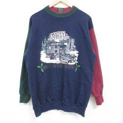 L★古着 長袖 スウェット メンズ 90年代 90s クリスマス マルチカラー クルーネック USA製 紺他 ネイビー 【spe】 24nov29 中古 スエット トレーナー トップス