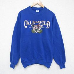 XL★古着 長袖 スウェット メンズ 90年代 90s オオカミ クルーネック USA製 青 ブルー 24nov30 中古 スエット トレーナー トップス