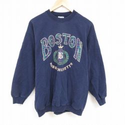 【50%OFF】L★古着 長袖 スウェット メンズ 00年代 00s ボストン クルーネック 紺 ネイビー 24dec04 中古 スエット トレーナー トップス
