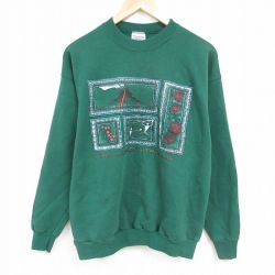 XL★古着 ヘインズ Hanes 長袖 スウェット メンズ 00年代 00s ハワイ火山国立公園 クルーネック 濃緑 グリーン 24dec04 中古 スエット トレーナー トップス