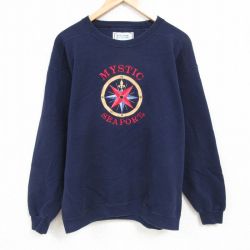 L★古着 長袖 スウェット メンズ 90年代 90s ミスティックシーポート 海洋博物館 刺繍 クルーネック USA製 紺 ネイビー 24dec04 中古 スエット トレーナー トップス